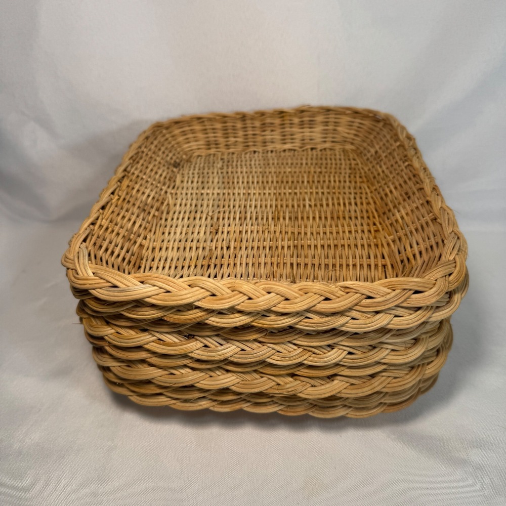 Vintage Woven Wicker Rattan Rectangular Trays Set of 6 Natural Tan Braided Rim